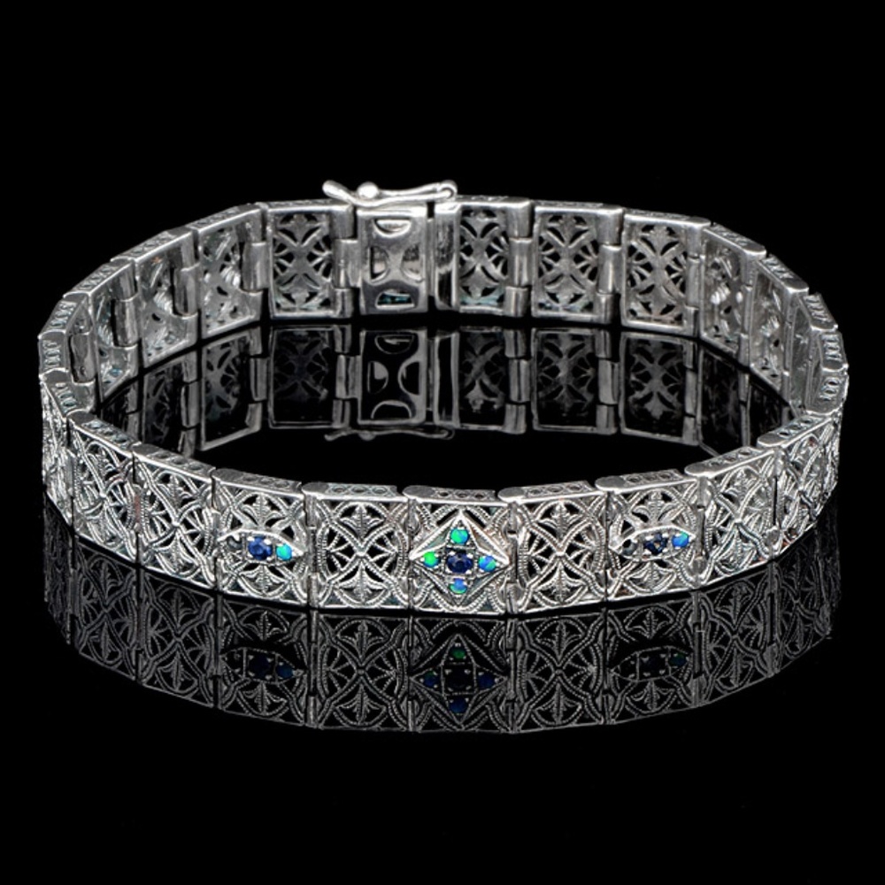 Sapphire & Opal 925 Sterling Silver Vintage Filigree Bracelet 7 inch in length
